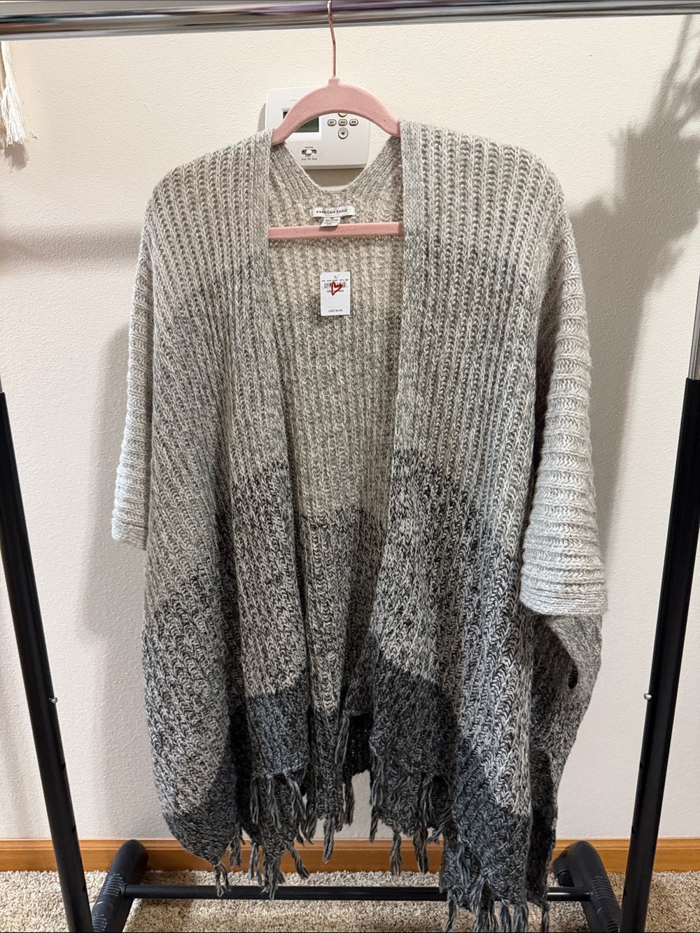 NWT American Eagle Ombre Gray Fringe Open-Front Women's Sweater Cardigan